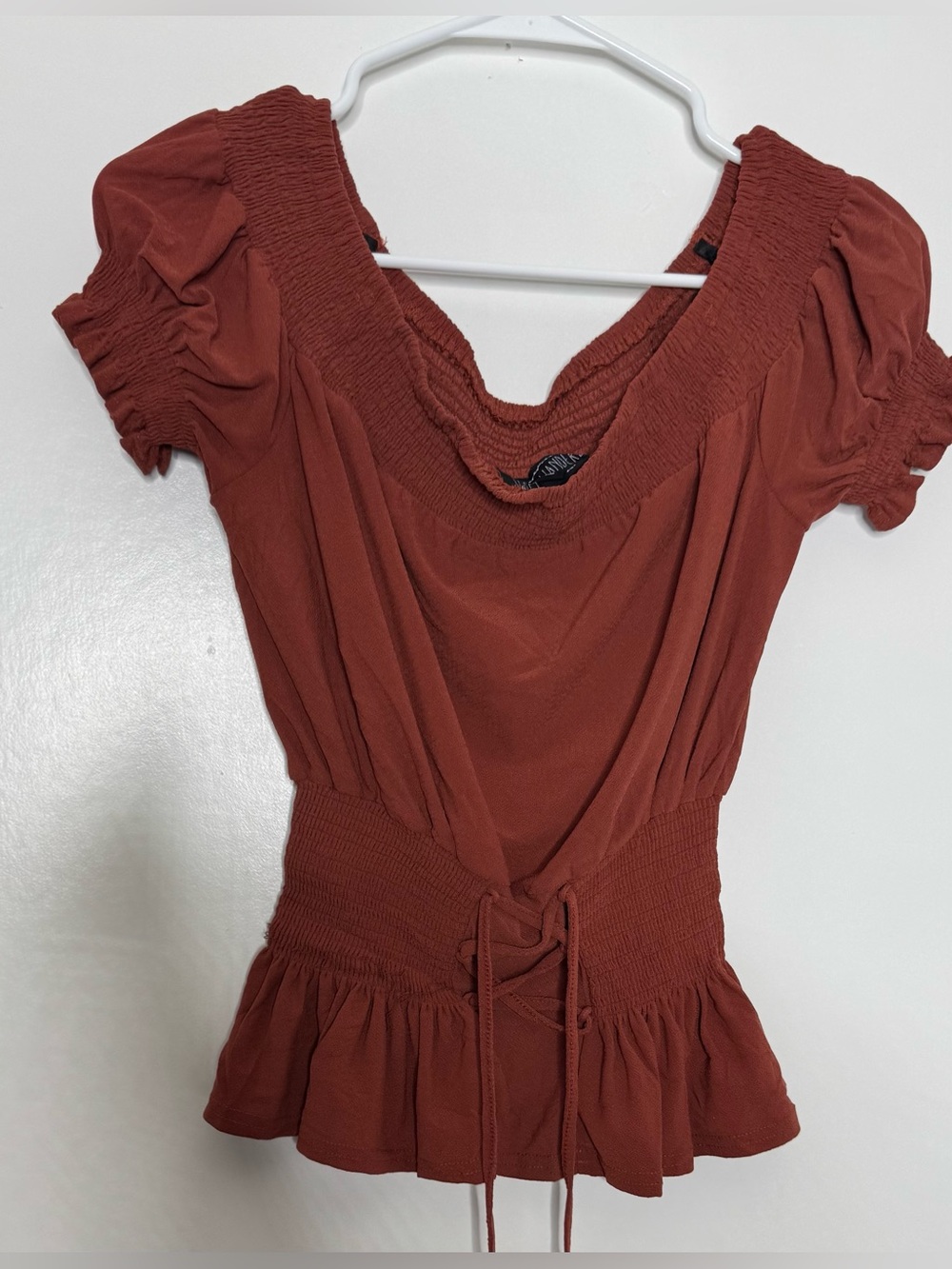 Sweet Wanderer Rust Smocked Waist Peplum Top cinched waist tie-front stretch SM
